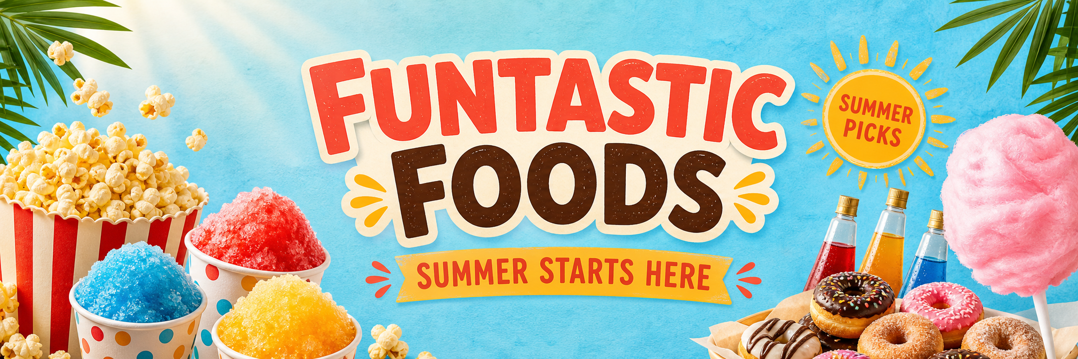 Funtastic Foods — Summer Starts Here, with popcorn, snow cones, cotton candy, donuts and syrups