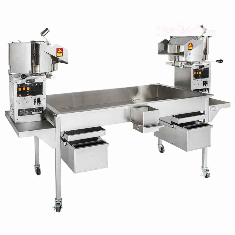 Cretors 48oz Twin Giant Electric Pedestal Popper on 7' Knock Down Table -Item#EG48D1D-R/L-X-PP & TGSXX-CCRCL-PP - Call us for pricing